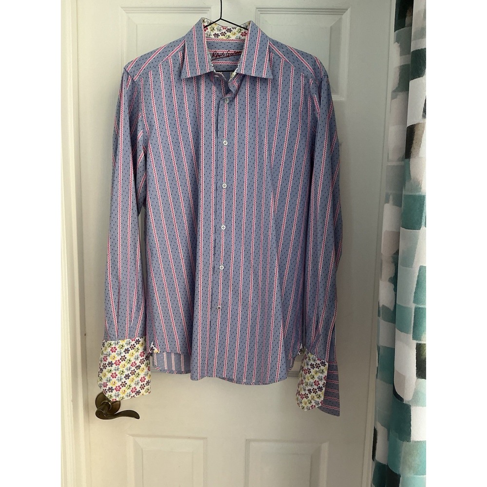 Robert Graham Men's 15.5 M Dress Shirt Blue Pin Stripe Floral French Cuffs